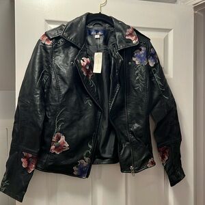 Francesca Black pleather embroidered motorcycle jacket